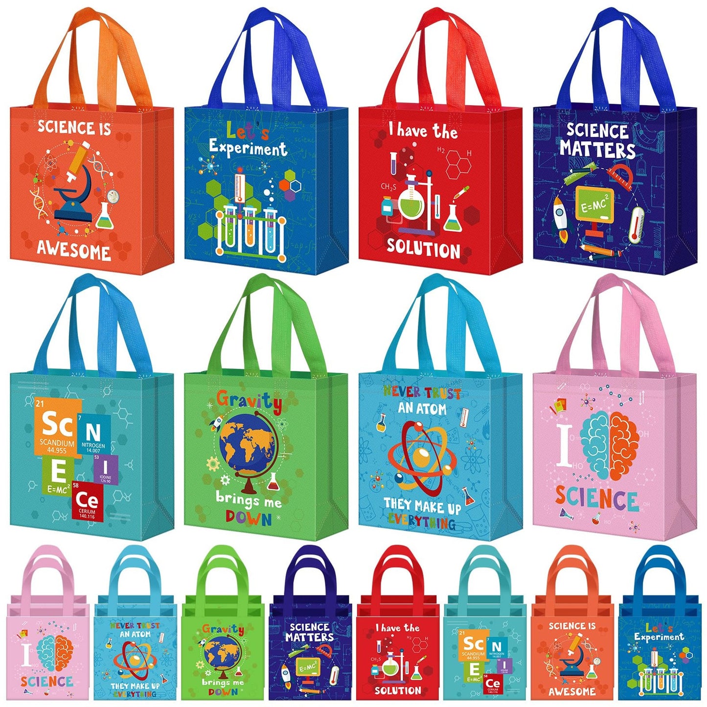Science Fun Pack - 24 Pcs Reusable Tote Bags for Kids' Science Party Favors. Durable Non Woven Fabric with Handles, 8 Colorful Designs. Perfect for Treats!
