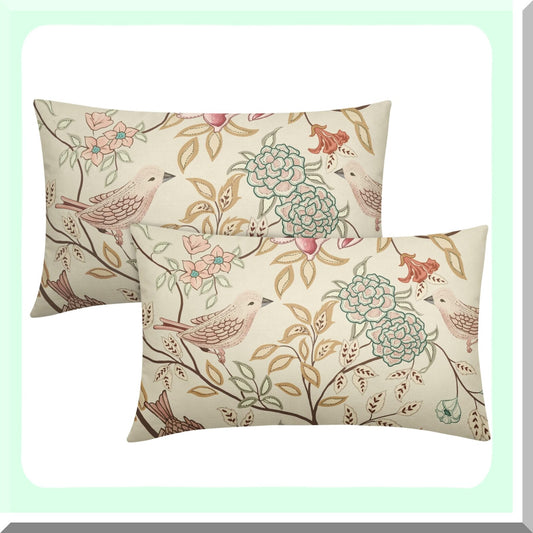 Floral Bird Lumbar Pillow Covers - Set of 2 Pink Green Flowers Leaves Decorative Throw Pillows - Chinoiserie Pillow Cases for Home Decor - 12x20 Inch