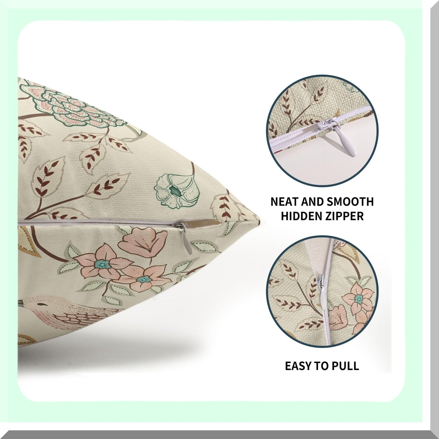 Floral Bird Lumbar Pillow Covers - Set of 2 Pink Green Flowers Leaves Decorative Throw Pillows - Chinoiserie Pillow Cases for Home Decor - 12x20 Inch