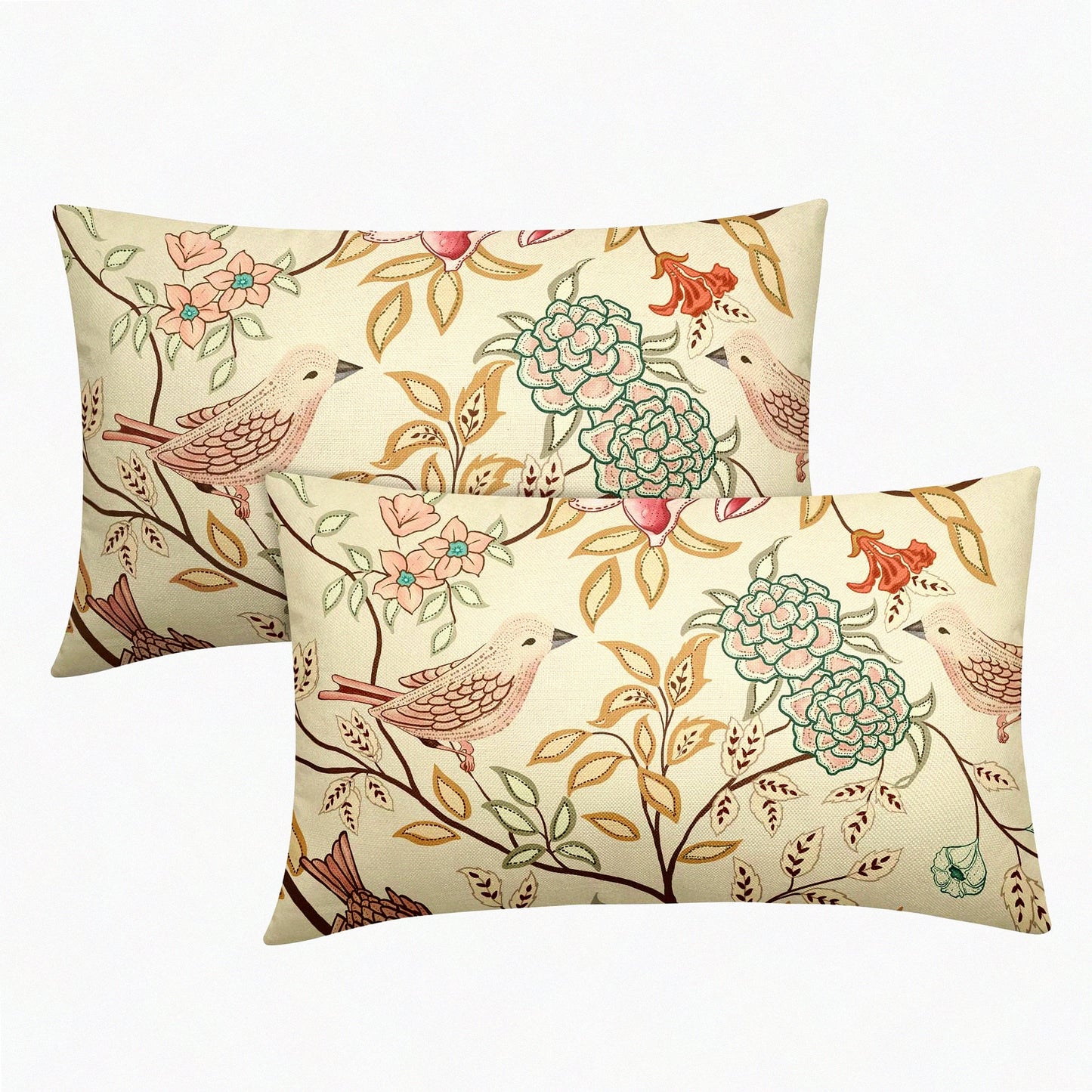 Floral Bird Lumbar Pillow Covers - Set of 2 Pink Green Flowers Leaves Decorative Throw Pillows - Chinoiserie Pillow Cases for Home Decor - 12x20 Inch