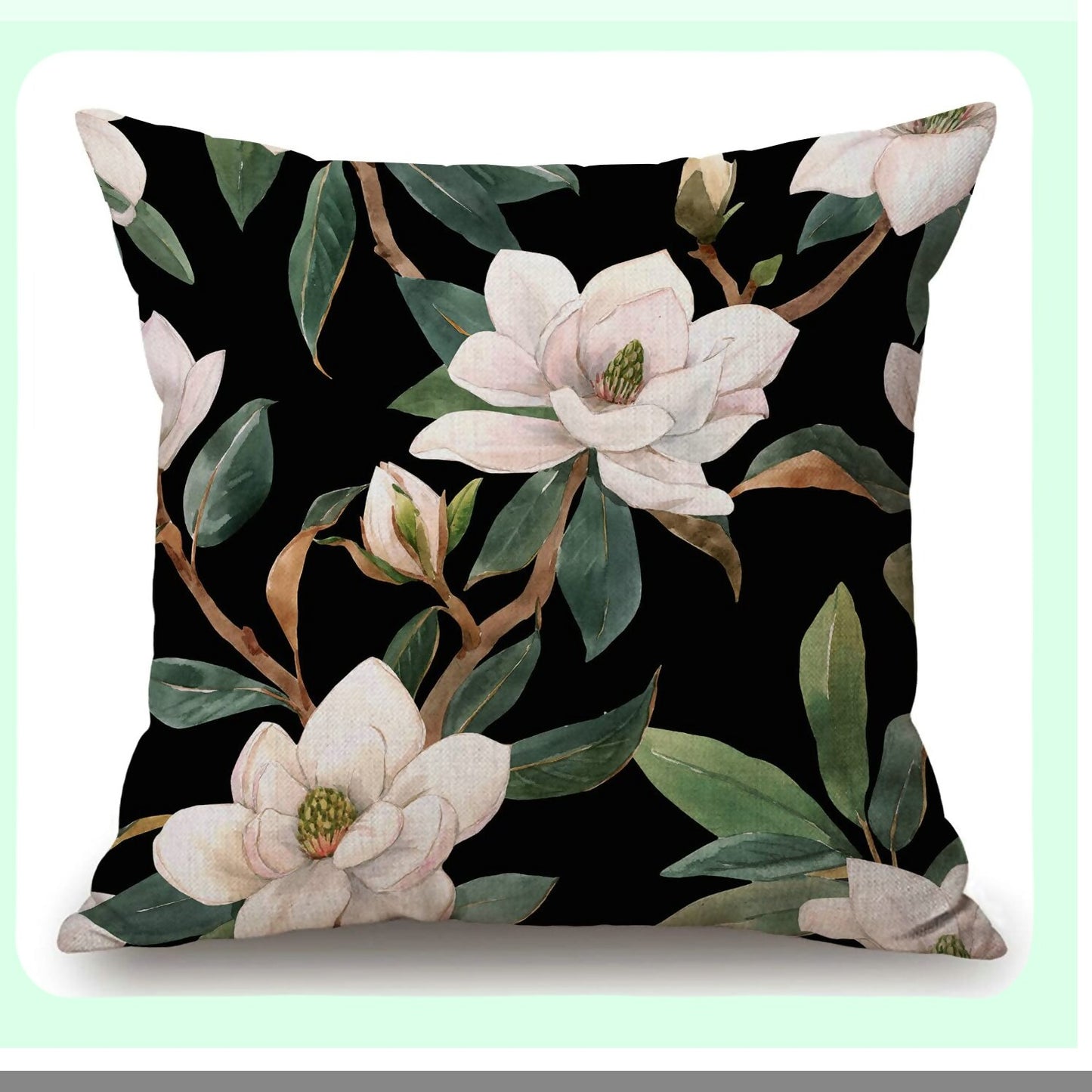 Floral Linen Cotton Square Pillowcase - Vintage Black White Green Decorative Cushion Cover for Sofa, 18"x 18" Throw Waist Pillow Case