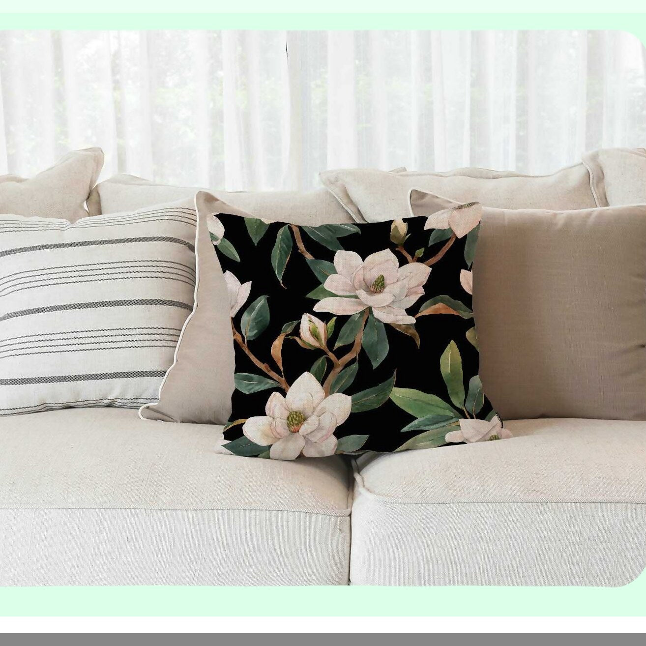 Floral Linen Cotton Square Pillowcase - Vintage Black White Green Decorative Cushion Cover for Sofa, 18"x 18" Throw Waist Pillow Case