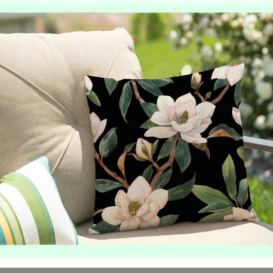 Floral Linen Cotton Square Pillowcase - Vintage Black White Green Decorative Cushion Cover for Sofa, 18"x 18" Throw Waist Pillow Case