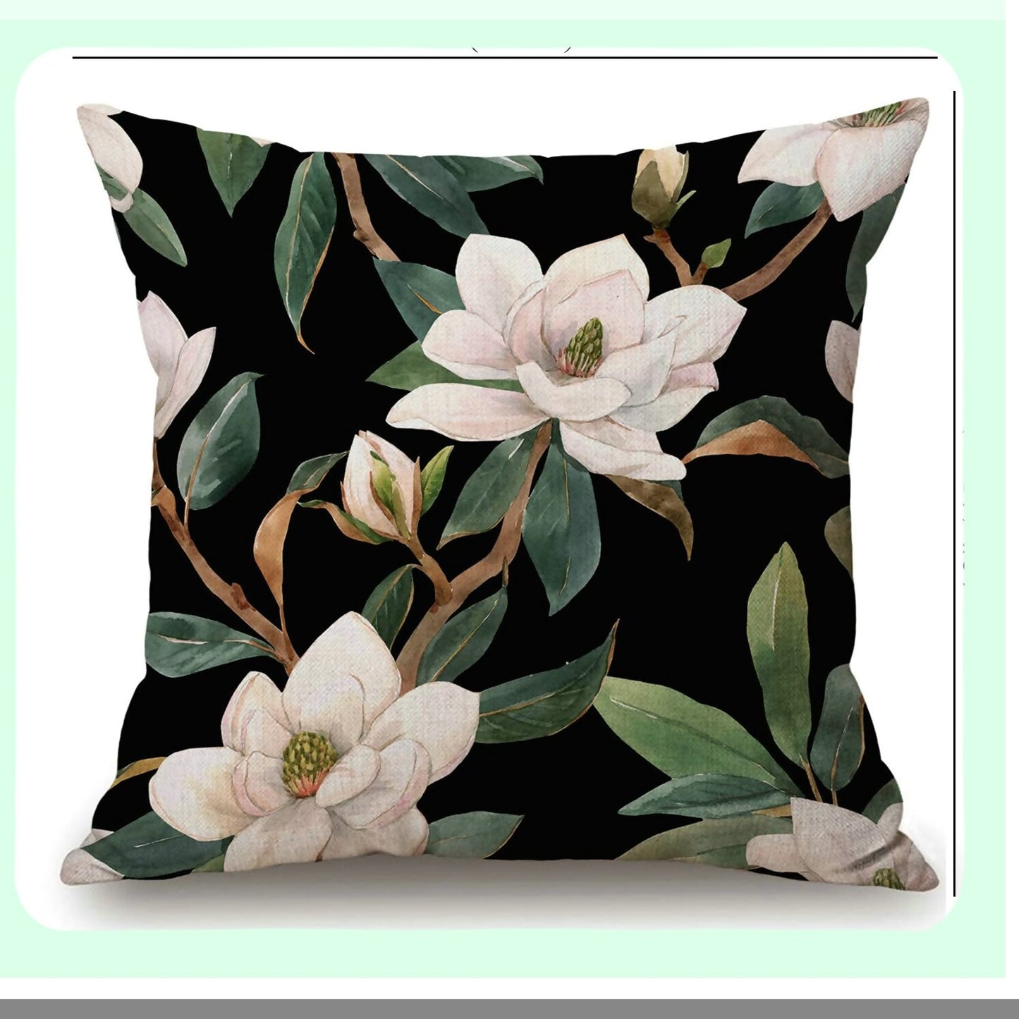 Floral Linen Cotton Square Pillowcase - Vintage Black White Green Decorative Cushion Cover for Sofa, 18"x 18" Throw Waist Pillow Case