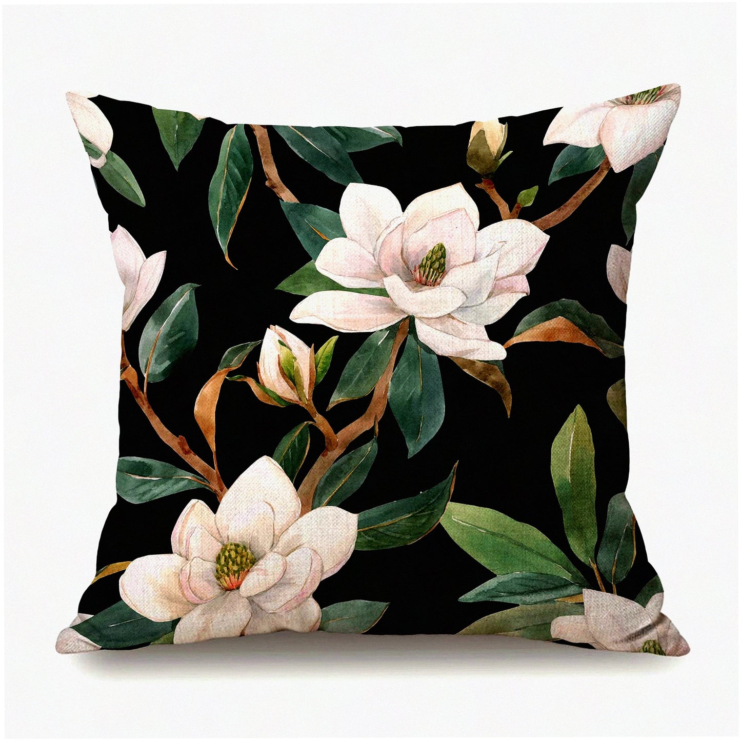 Floral Linen Cotton Square Pillowcase - Vintage Black White Green Decorative Cushion Cover for Sofa, 18"x 18" Throw Waist Pillow Case