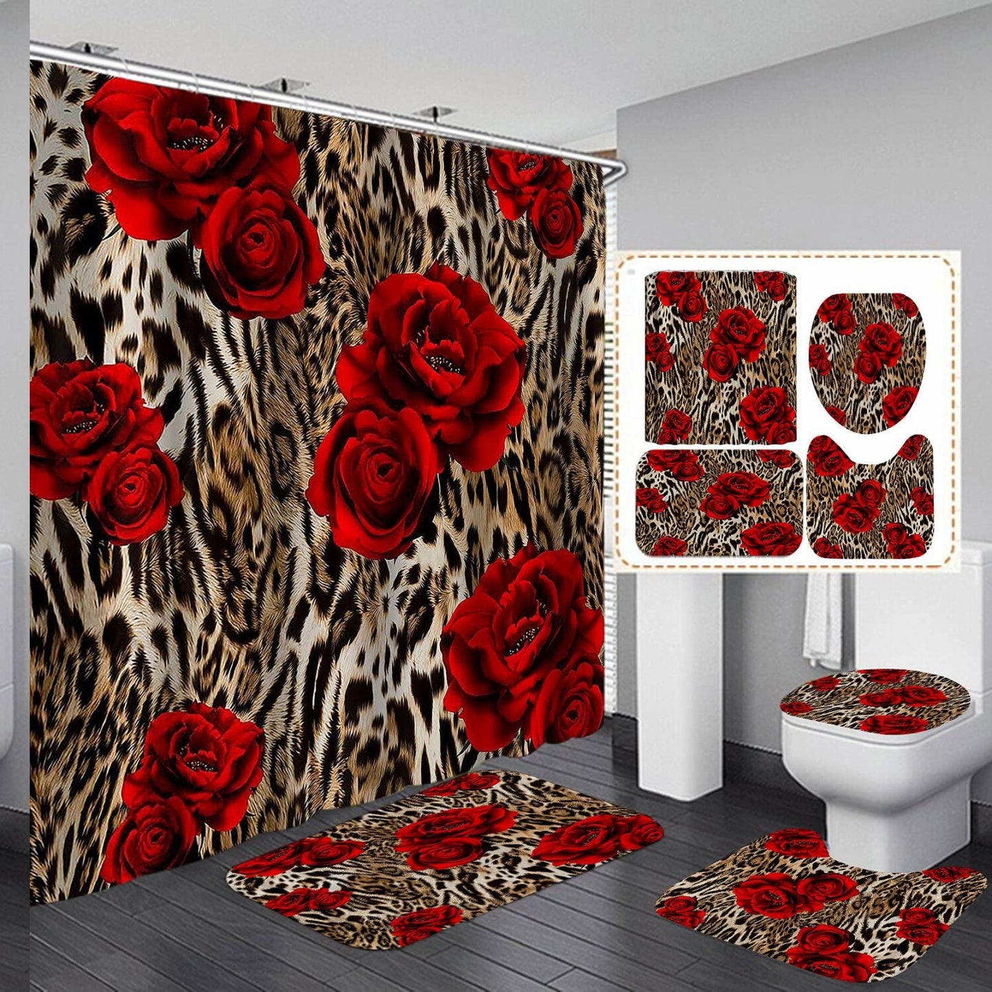 4PCS Brown Leopard Print Shower Curtain and Rugs Set