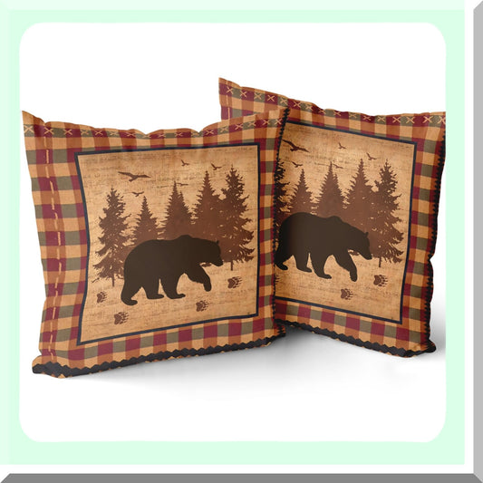 Forest Rustic Plaid Pillowcase Set - 18x18 Inch Wildlife Cabin Decorative Cushion Covers for Couch Sofa & Car - Vintage Square Black Bear Throw Pillows (Pack of 2)