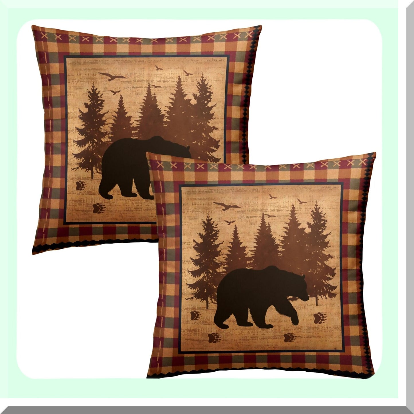 Forest Rustic Plaid Pillowcase Set - 18x18 Inch Wildlife Cabin Decorative Cushion Covers for Couch Sofa & Car - Vintage Square Black Bear Throw Pillows (Pack of 2)