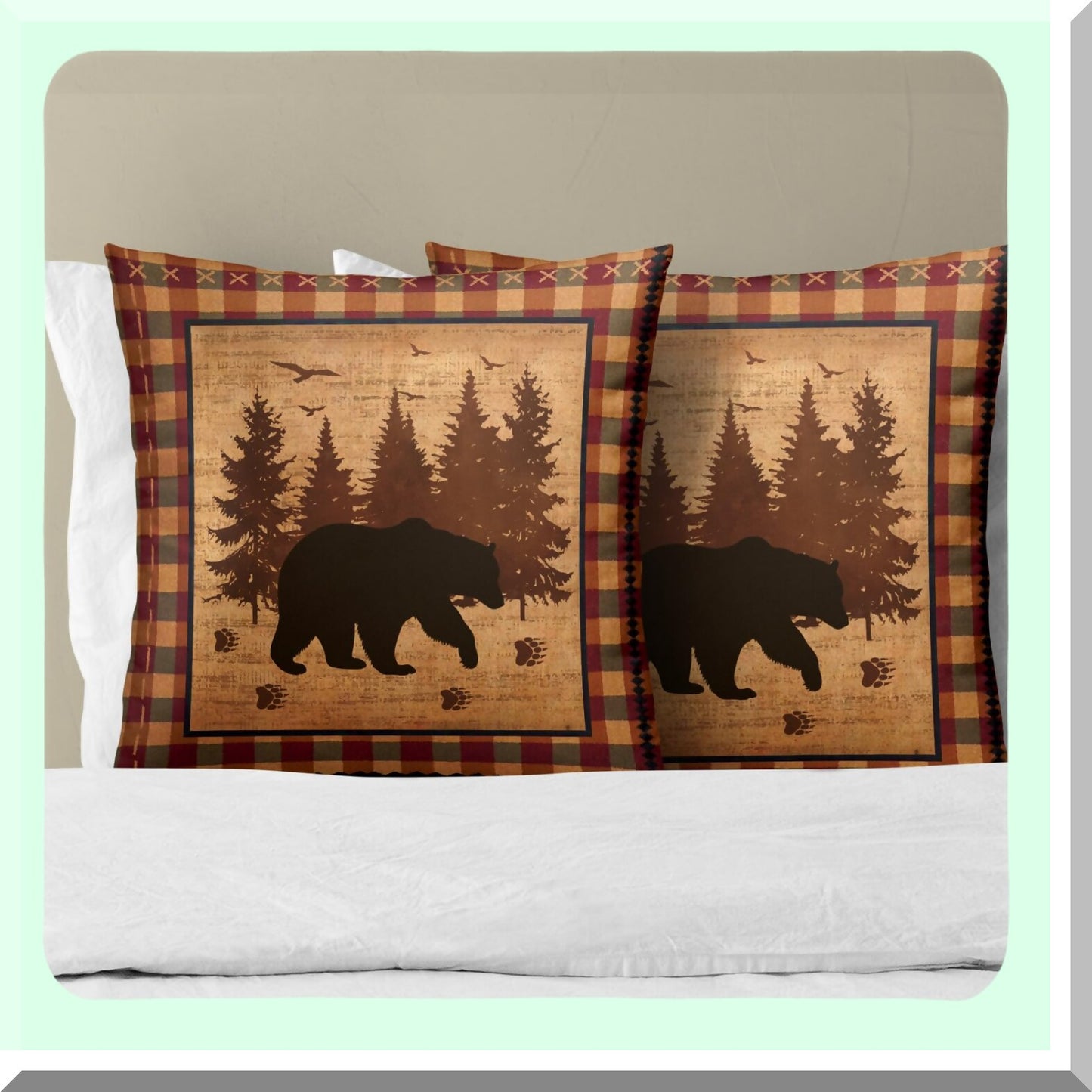 Forest Rustic Plaid Pillowcase Set - 18x18 Inch Wildlife Cabin Decorative Cushion Covers for Couch Sofa & Car - Vintage Square Black Bear Throw Pillows (Pack of 2)