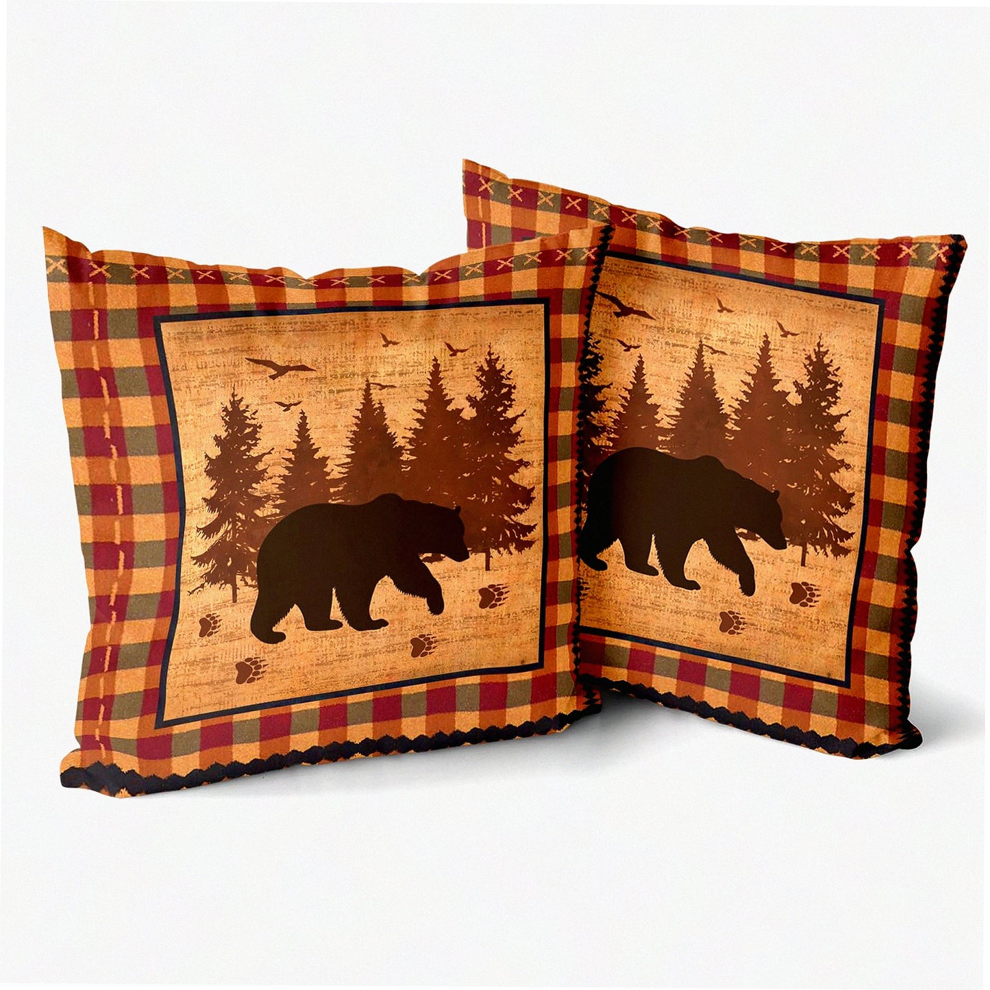 Forest Rustic Plaid Pillowcase Set - 18x18 Inch Wildlife Cabin Decorative Cushion Covers for Couch Sofa & Car - Vintage Square Black Bear Throw Pillows (Pack of 2)