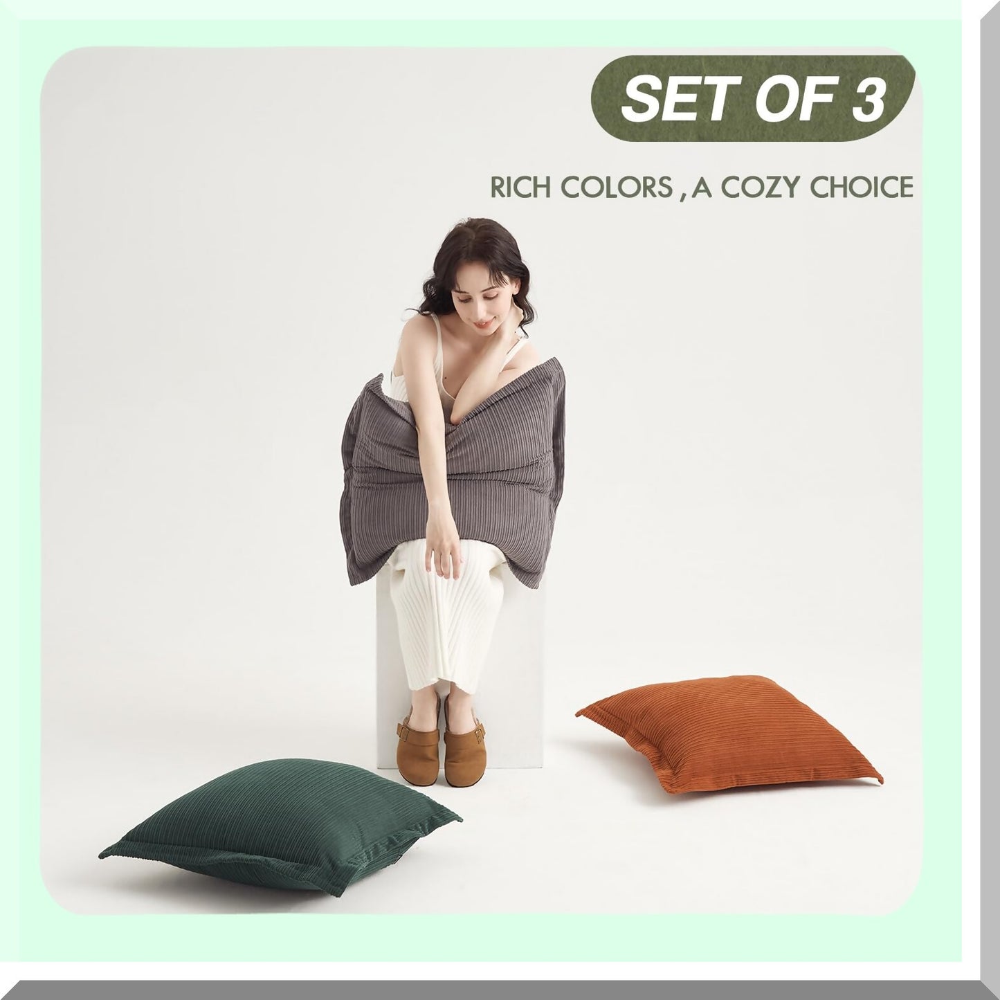 Boho Chic Corduroy Pillow Cover Set - 20x20inch Decorative Throw Pillow Covers in Neutral Grey, Dark Green, and Rust - Super Soft Textured Apartment Decor for Living Room Sofa Couch