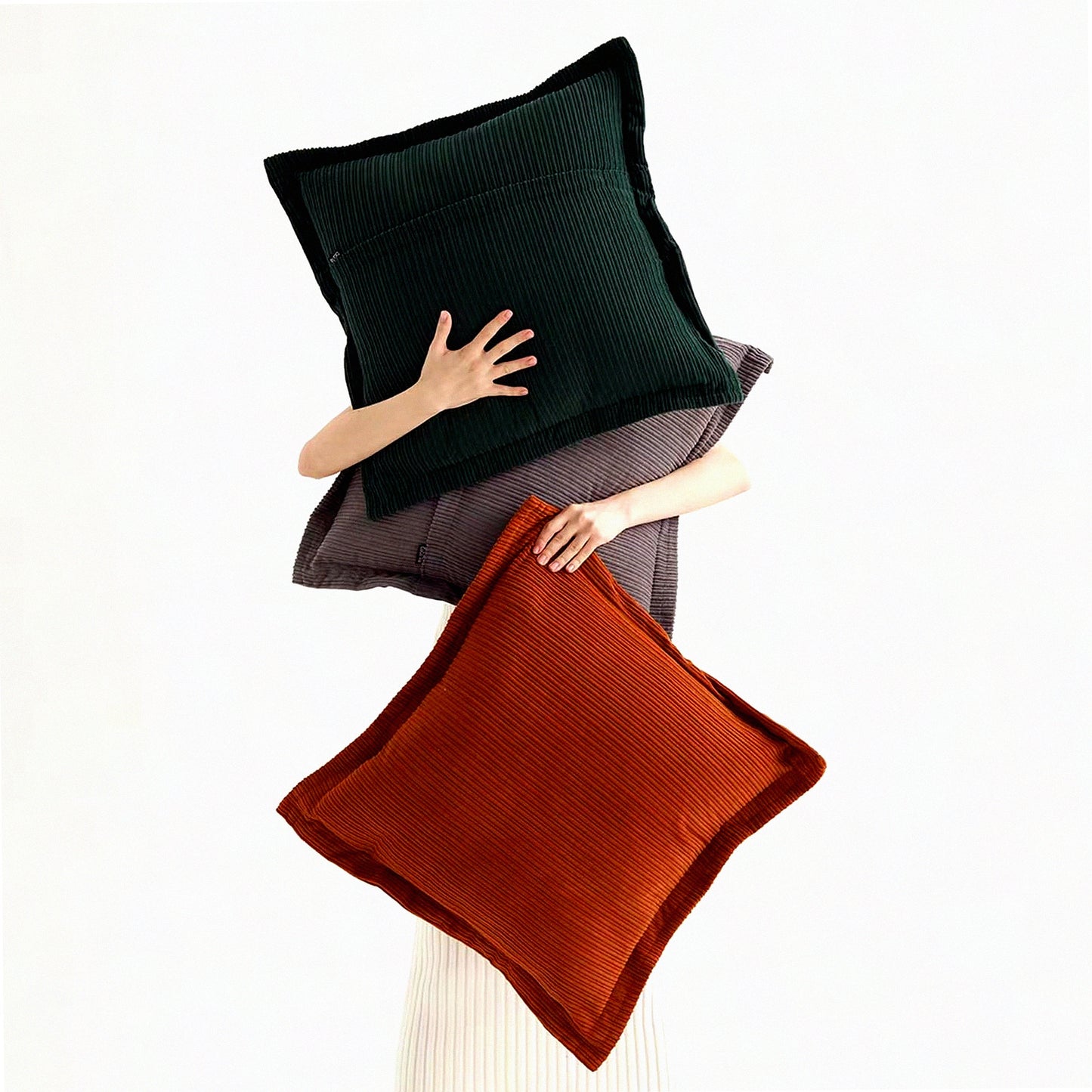 Boho Chic Corduroy Pillow Cover Set - 20x20inch Decorative Throw Pillow Covers in Neutral Grey, Dark Green, and Rust - Super Soft Textured Apartment Decor for Living Room Sofa Couch