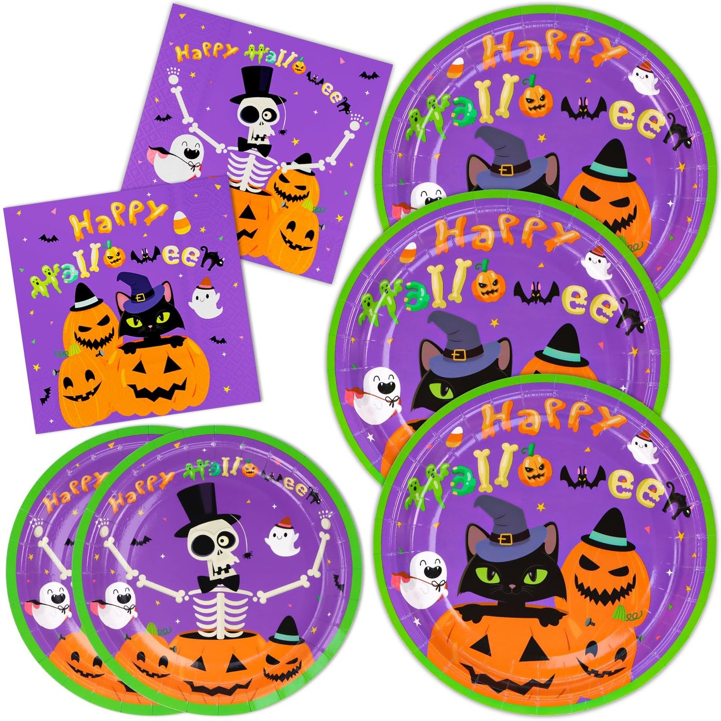 Spooky Cat Pumpkin Skeleton Party Pack - 150 Pcs Disposable Plates & Napkins for Kids Birthday Decorations. Serve 50 guests with ease!
