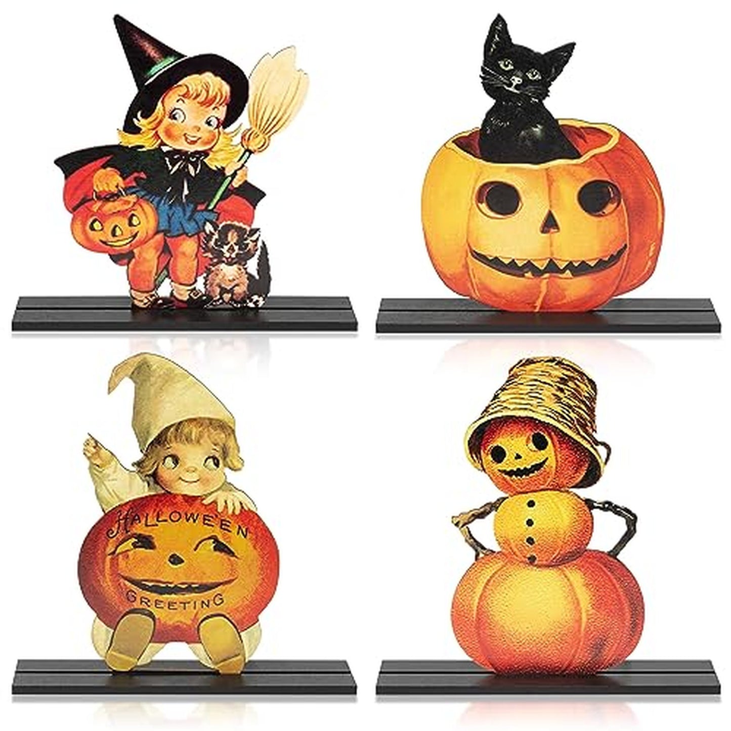 Victorian Pumpkin Cat Tabletop Decor - Set of 4 Wooden Centerpieces, Retro Victorian Style Table Toppers for Party Supplies, Black Cat Detachable Sign