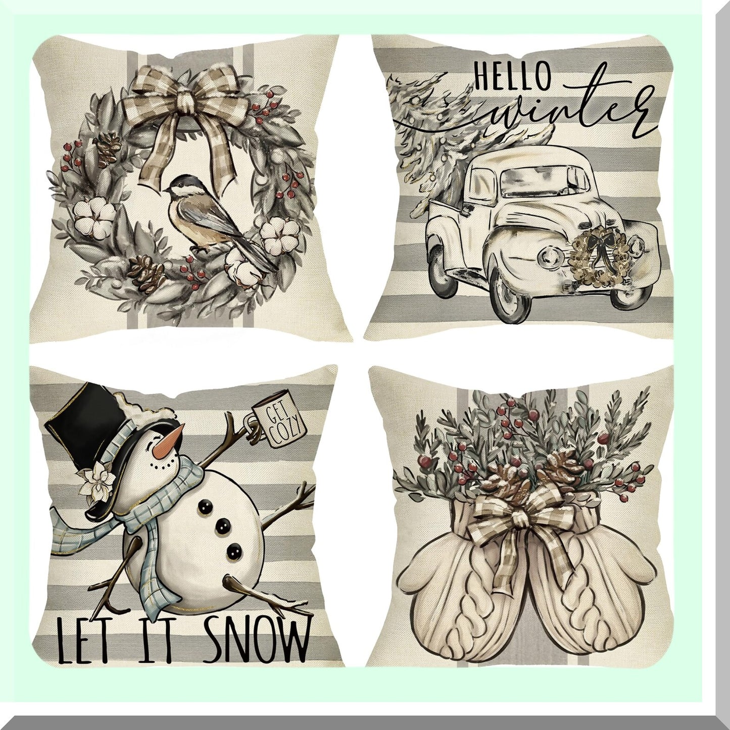 Winter Wonderland Snowman Decorative Pillow Covers Set - Let It Snow Truck Tree Porch Outdoor Home Decor - Holiday Seasonal Couch Cushion Case - White Stripe Gloves Wreath Theme - 18x18, Pack of 4