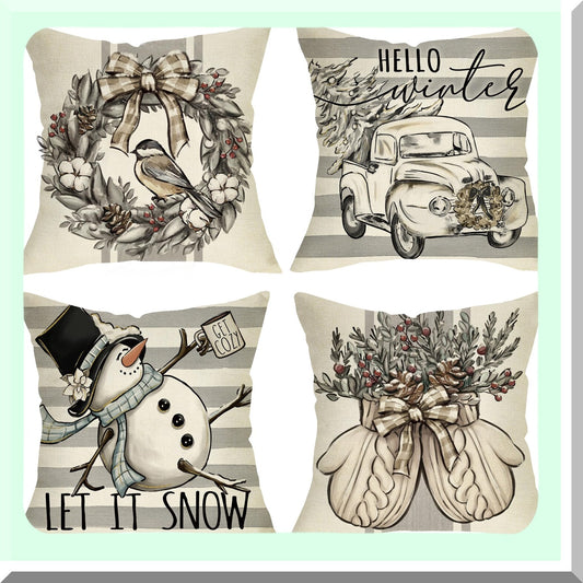 Winter Wonderland Snowman Decorative Pillow Covers Set - Let It Snow Truck Tree Porch Outdoor Home Decor - Holiday Seasonal Couch Cushion Case - White Stripe Gloves Wreath Theme - 18x18, Pack of 4