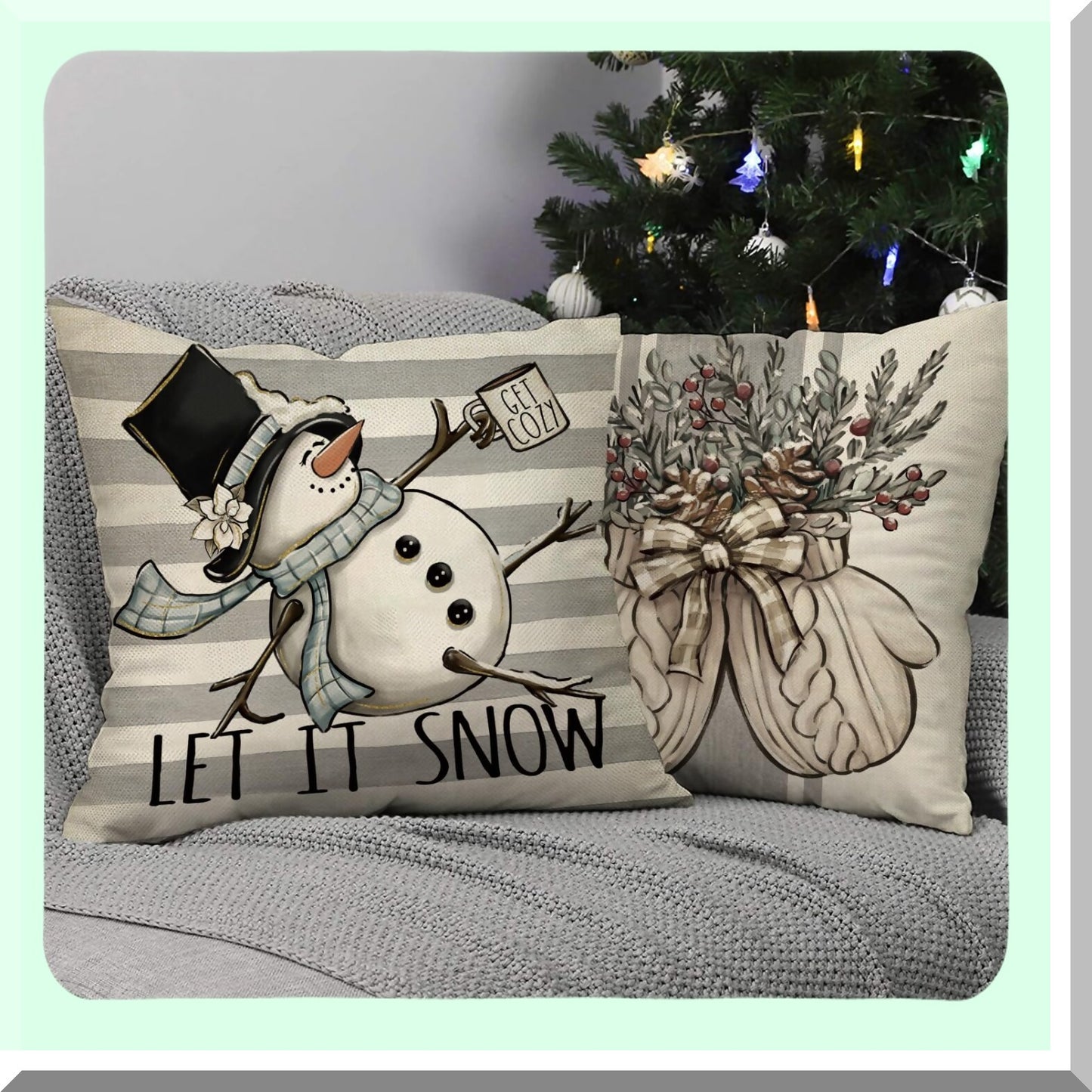 Winter Wonderland Snowman Decorative Pillow Covers Set - Let It Snow Truck Tree Porch Outdoor Home Decor - Holiday Seasonal Couch Cushion Case - White Stripe Gloves Wreath Theme - 18x18, Pack of 4