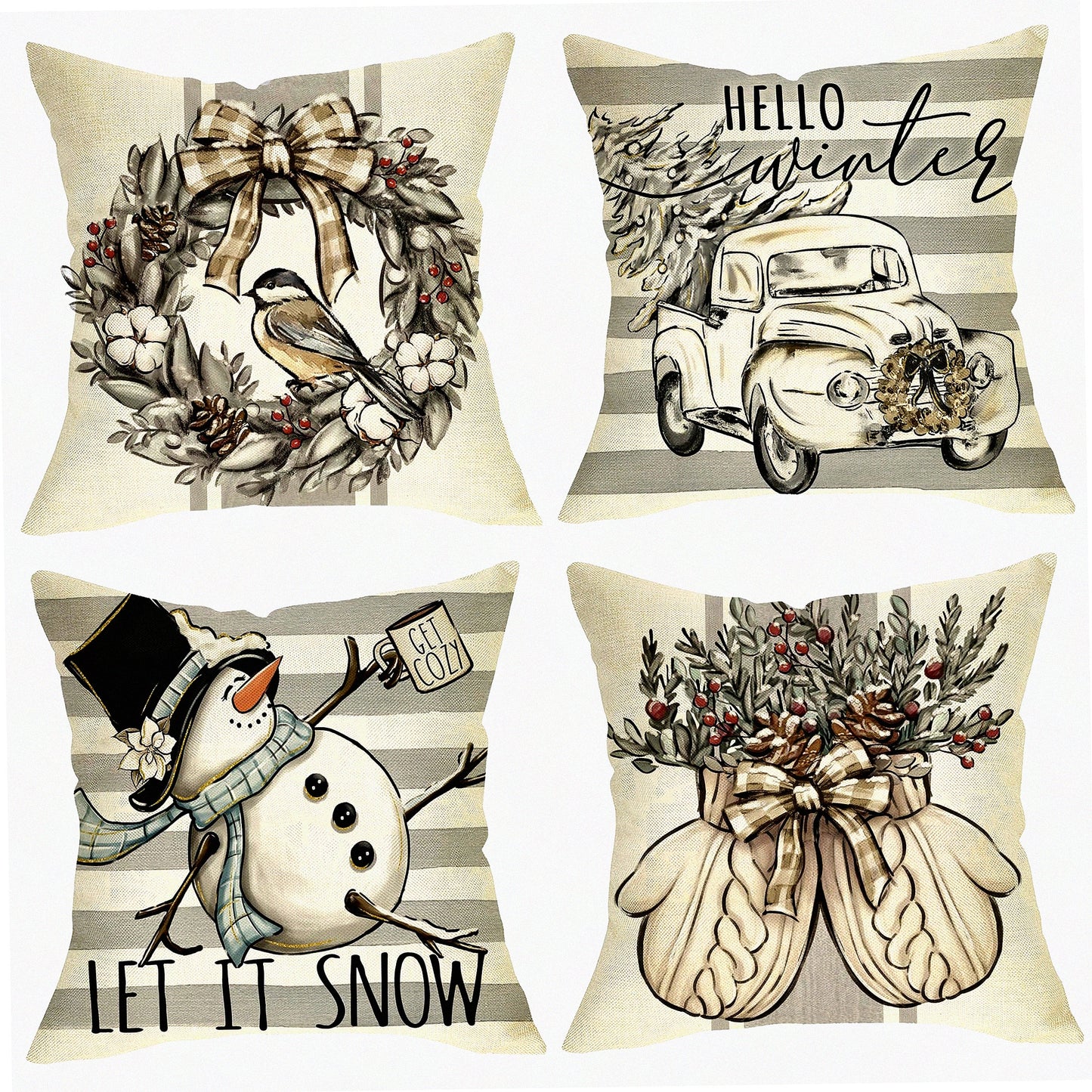 Winter Wonderland Snowman Decorative Pillow Covers Set - Let It Snow Truck Tree Porch Outdoor Home Decor - Holiday Seasonal Couch Cushion Case - White Stripe Gloves Wreath Theme - 18x18, Pack of 4