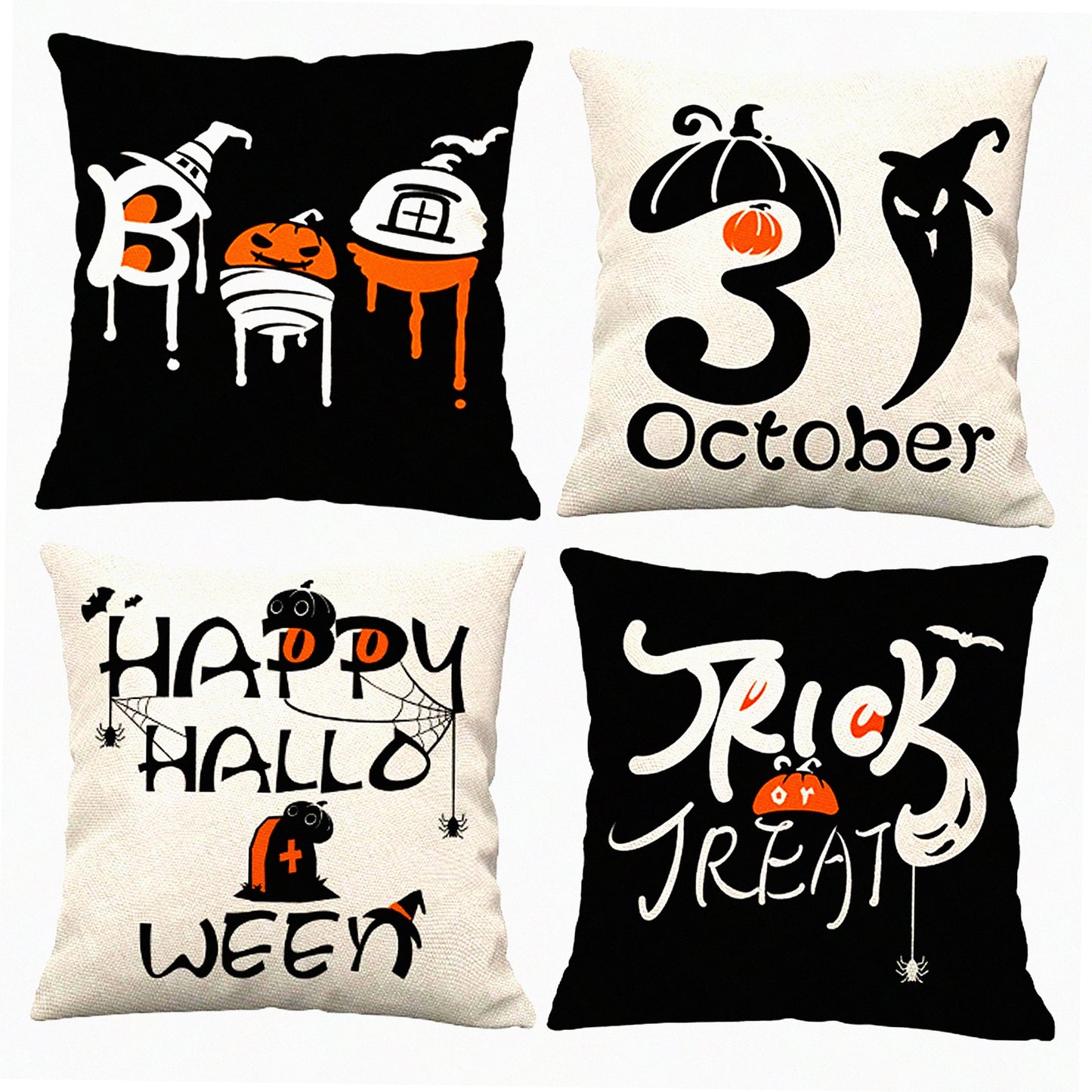 Spider Web Trick or Treat Pillow Cover Set - 20x20 Black White Cotton Linen Sofa Decor Cushion Case Outdoor Home Throw Pillowcases 4-Pack