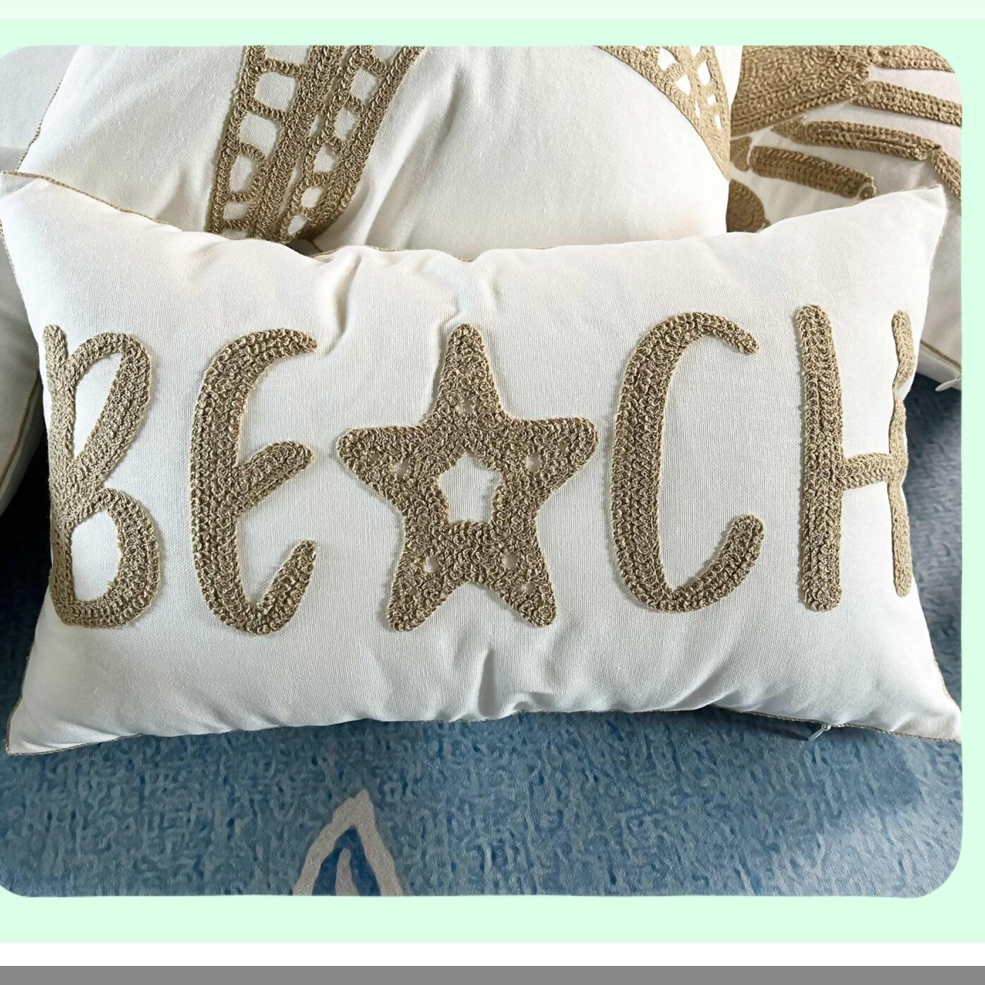 Nautical Waves Embroidered Beach Pillow Cover - Coastal Decorative Canvas Cushion for 12x20 Inch Wheat Beach Theme - Ocean Style Throw Pillow Case