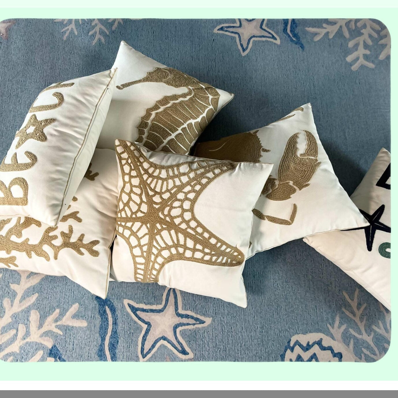 Nautical Waves Embroidered Beach Pillow Cover - Coastal Decorative Canvas Cushion for 12x20 Inch Wheat Beach Theme - Ocean Style Throw Pillow Case