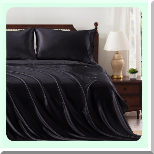 Luxury Black Silk Queen Bedding Set - Soft Cooling Sheets with Deep Pockets - 4 Piece Bed Sheet Set with Fitted Sheet, Flat Sheet, and Pillowcases