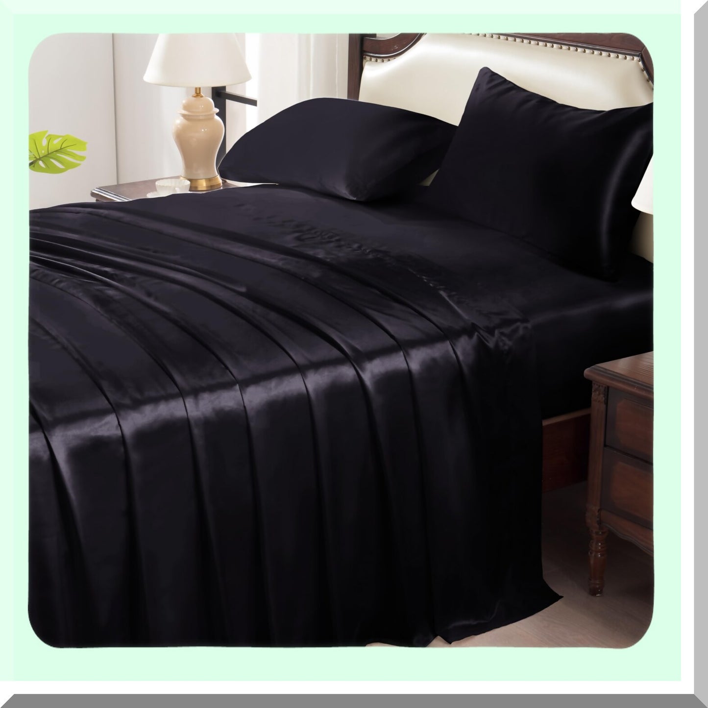 Luxury Black Silk Queen Bedding Set - Soft Cooling Sheets with Deep Pockets - 4 Piece Bed Sheet Set with Fitted Sheet, Flat Sheet, and Pillowcases