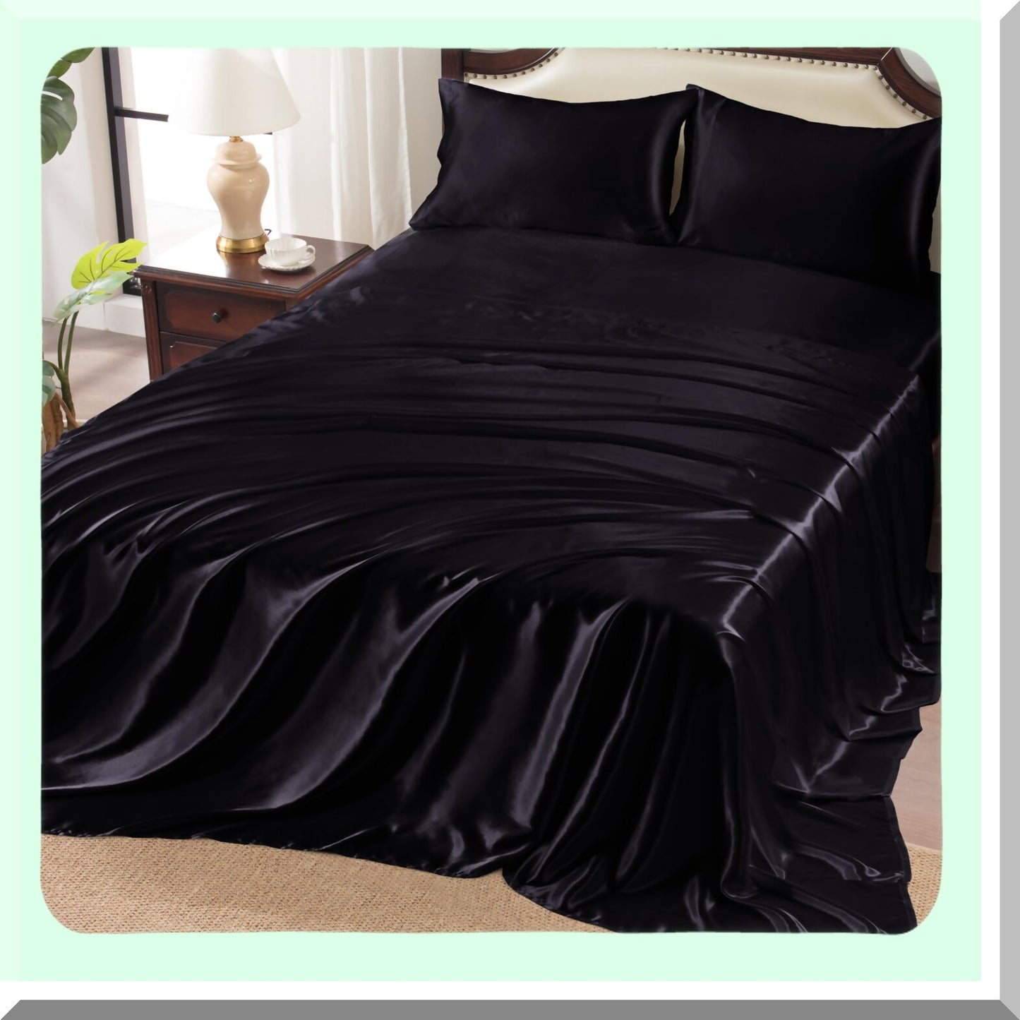 Luxury Black Silk Queen Bedding Set - Soft Cooling Sheets with Deep Pockets - 4 Piece Bed Sheet Set with Fitted Sheet, Flat Sheet, and Pillowcases