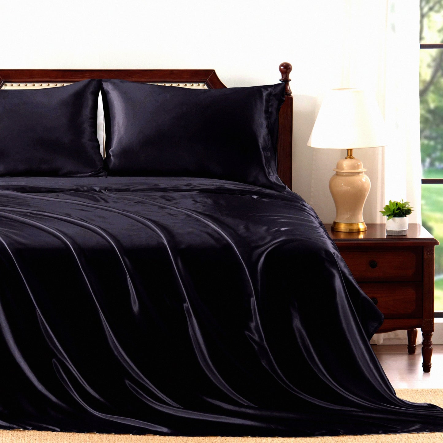 Luxury Black Silk Queen Bedding Set - Soft Cooling Sheets with Deep Pockets - 4 Piece Bed Sheet Set with Fitted Sheet, Flat Sheet, and Pillowcases