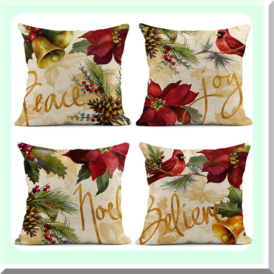 Watercolor Poinsettia Cardinal Linen Throw Pillow Covers - Set of 4, 18x18 Inch Square Cushion Covers for Home Decor, Sofa, Bed, Couch, Car