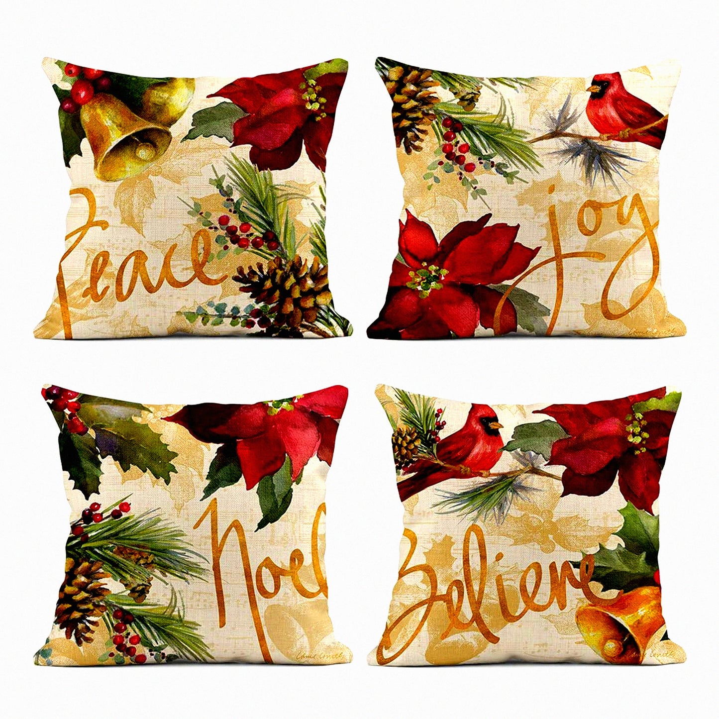 Watercolor Poinsettia Cardinal Linen Throw Pillow Covers - Set of 4, 18x18 Inch Square Cushion Covers for Home Decor, Sofa, Bed, Couch, Car