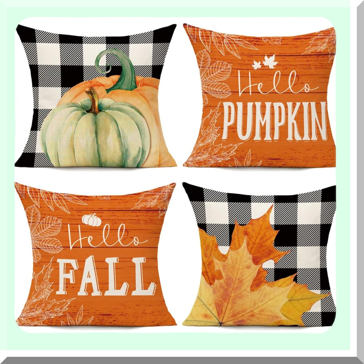 Autumn Harvest Buffalo Plaid Pillow Covers - Set of 4 Pumpkin Decor Cushion Cases for Fall Home Decor - Farmhouse Thanksgiving Sofa Bed Accessories