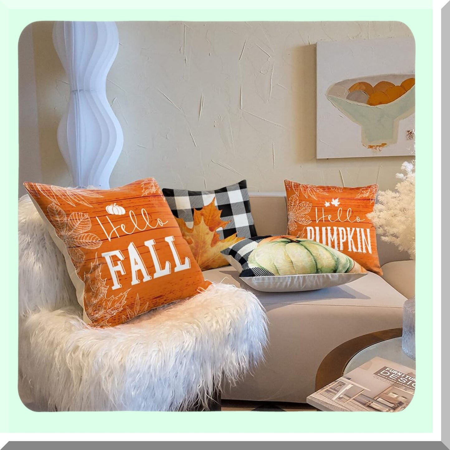 Autumn Harvest Buffalo Plaid Pillow Covers - Set of 4 Pumpkin Decor Cushion Cases for Fall Home Decor - Farmhouse Thanksgiving Sofa Bed Accessories