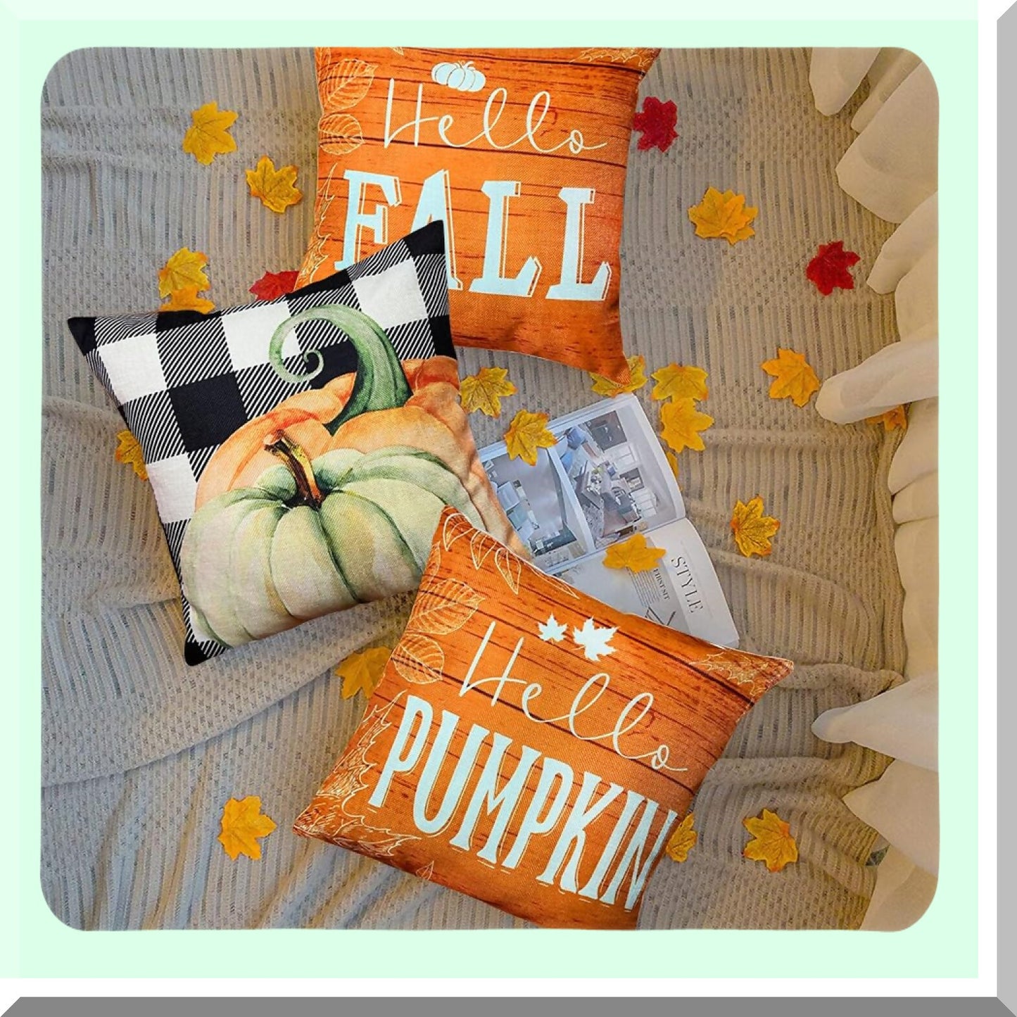 Autumn Harvest Buffalo Plaid Pillow Covers - Set of 4 Pumpkin Decor Cushion Cases for Fall Home Decor - Farmhouse Thanksgiving Sofa Bed Accessories