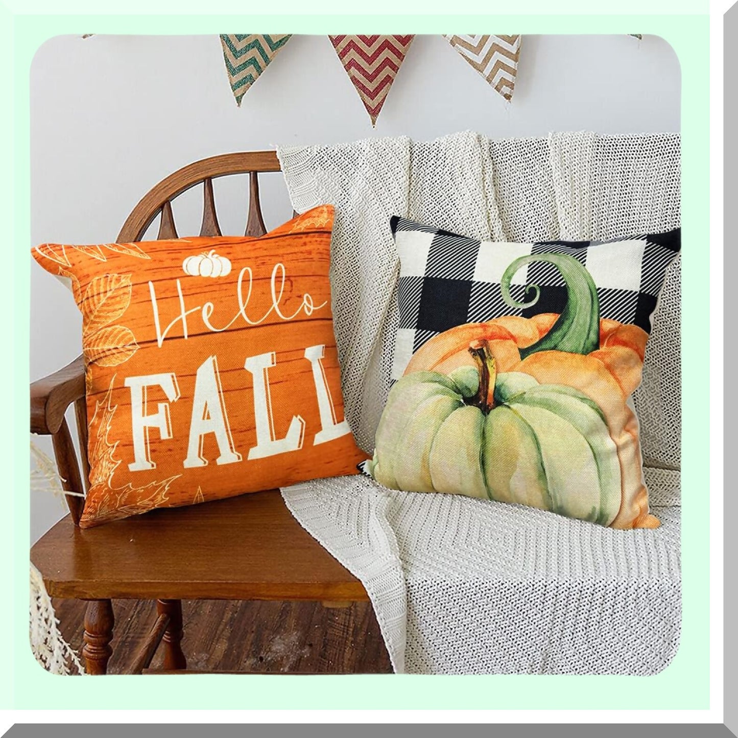 Autumn Harvest Buffalo Plaid Pillow Covers - Set of 4 Pumpkin Decor Cushion Cases for Fall Home Decor - Farmhouse Thanksgiving Sofa Bed Accessories
