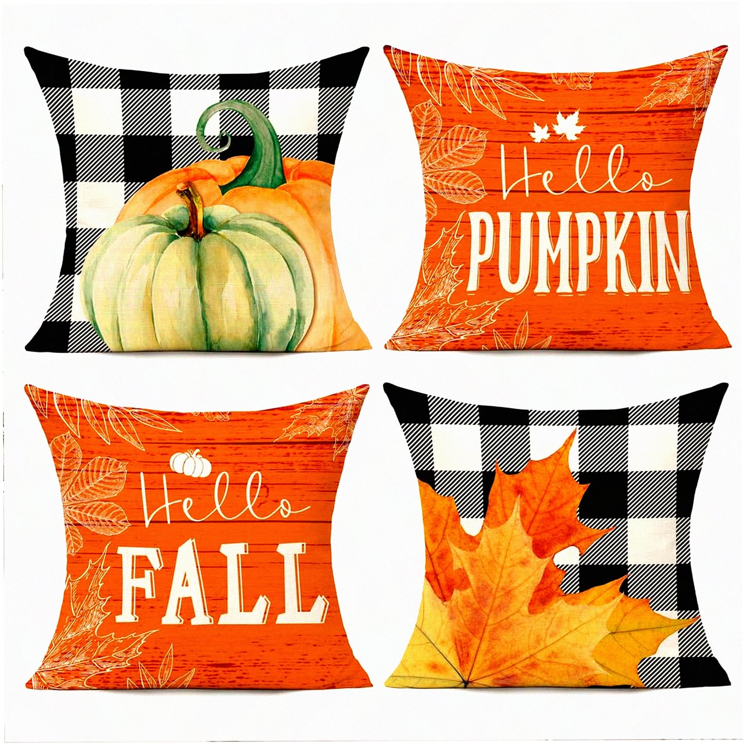 Autumn Harvest Buffalo Plaid Pillow Covers - Set of 4 Pumpkin Decor Cushion Cases for Fall Home Decor - Farmhouse Thanksgiving Sofa Bed Accessories