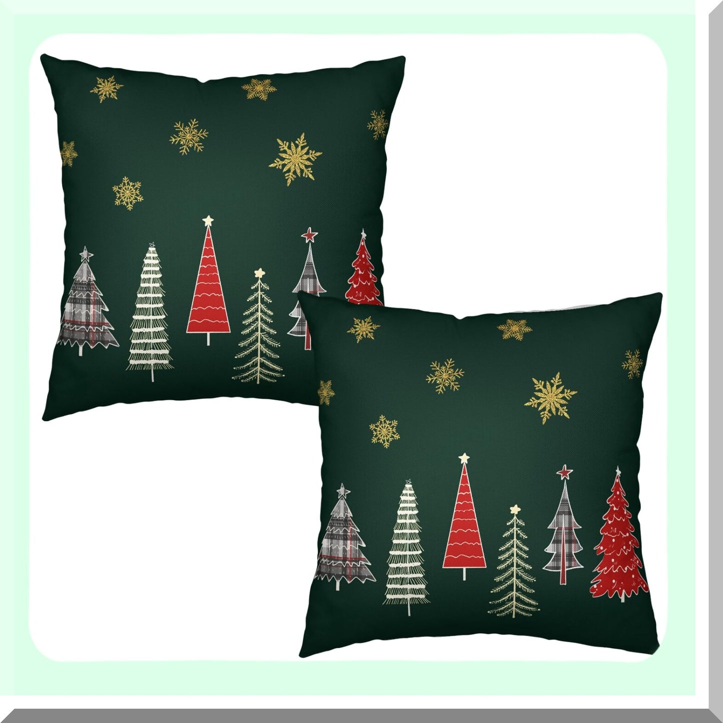 Winter Forest Pillow Covers Set - 18x18 Decorative Snowflake Cases for Home Decor, Farmhouse Couch Sofa, Outdoor Linen Throw Pillows - Green & Gold