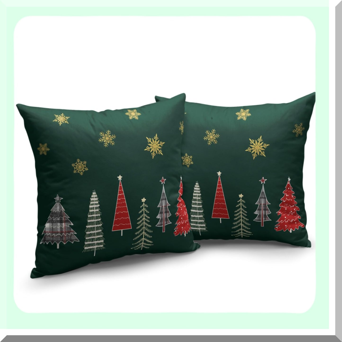 Winter Forest Pillow Covers Set - 18x18 Decorative Snowflake Cases for Home Decor, Farmhouse Couch Sofa, Outdoor Linen Throw Pillows - Green & Gold