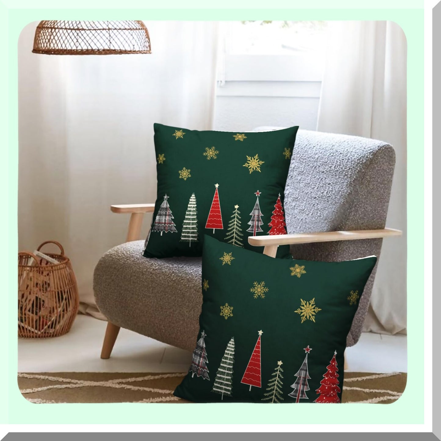 Winter Forest Pillow Covers Set - 18x18 Decorative Snowflake Cases for Home Decor, Farmhouse Couch Sofa, Outdoor Linen Throw Pillows - Green & Gold