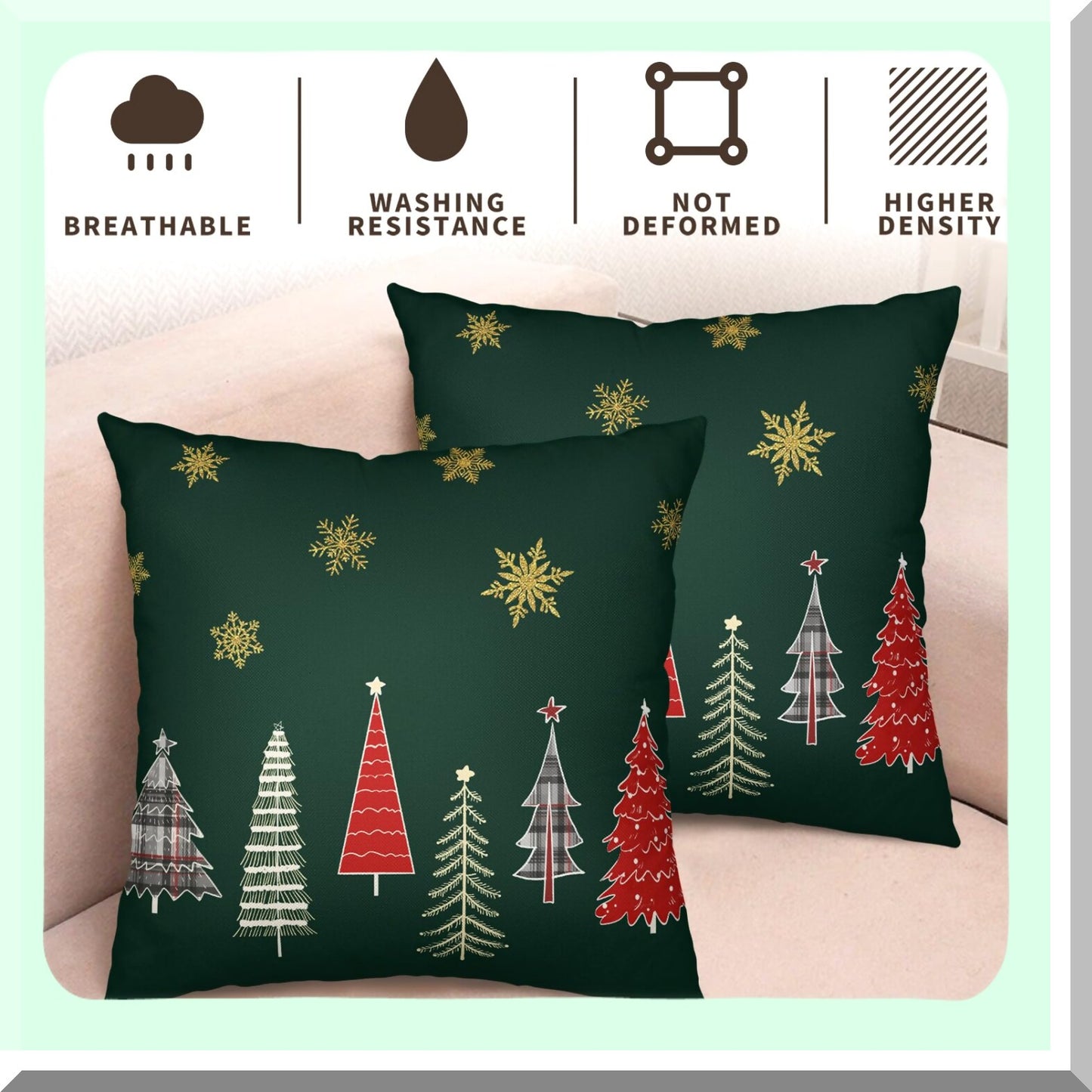 Winter Forest Pillow Covers Set - 18x18 Decorative Snowflake Cases for Home Decor, Farmhouse Couch Sofa, Outdoor Linen Throw Pillows - Green & Gold