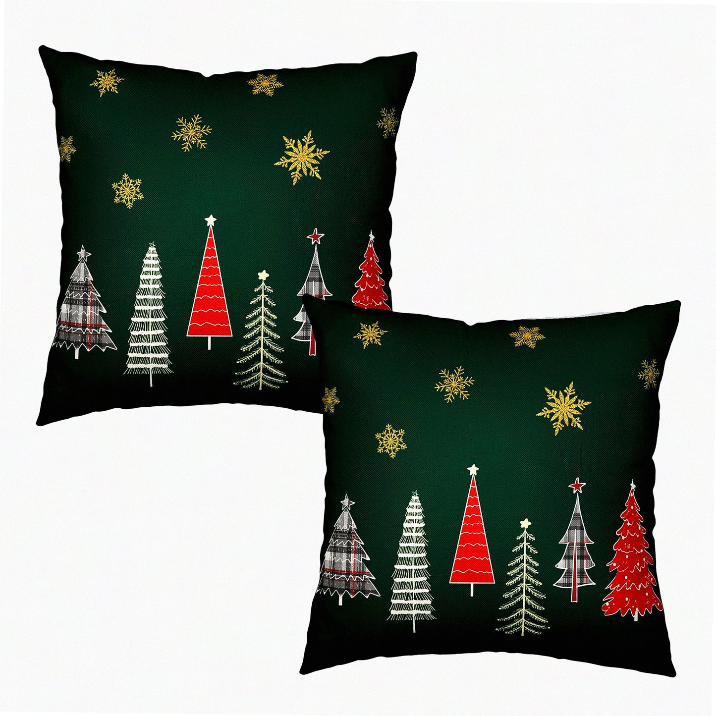 Winter Forest Pillow Covers Set - 18x18 Decorative Snowflake Cases for Home Decor, Farmhouse Couch Sofa, Outdoor Linen Throw Pillows - Green & Gold