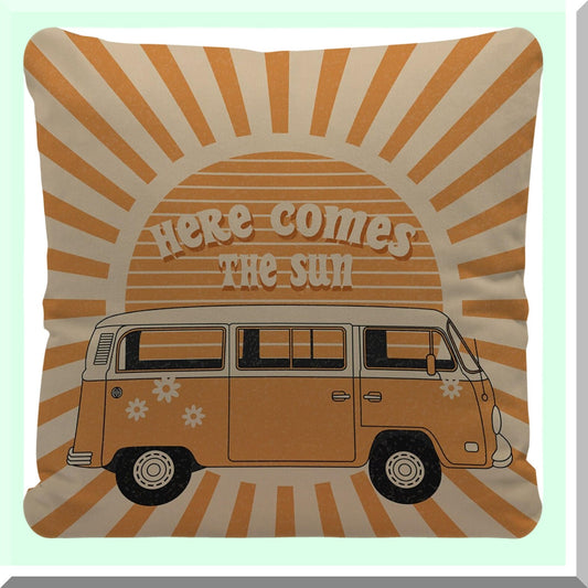 Boho Vintage Sunshine Reversible Throw Pillow Cover - Retro Hippie Orange Sun Floral Bus - Home Living Room Decor for Women Teen Girls - 18x18 inches Gift