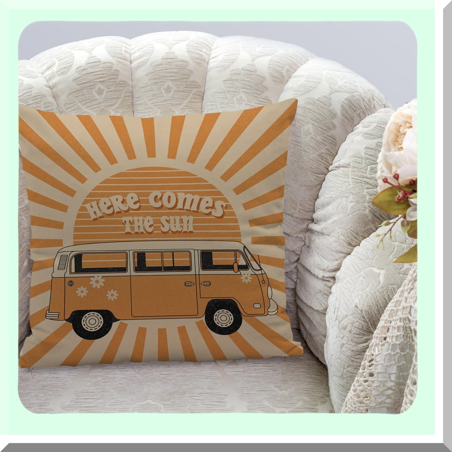 Boho Vintage Sunshine Reversible Throw Pillow Cover - Retro Hippie Orange Sun Floral Bus - Home Living Room Decor for Women Teen Girls - 18x18 inches Gift