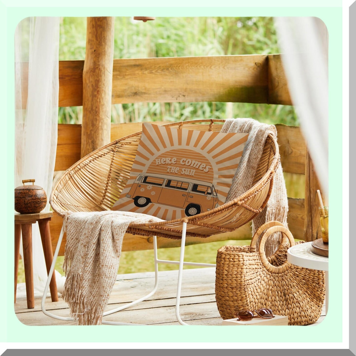 Boho Vintage Sunshine Reversible Throw Pillow Cover - Retro Hippie Orange Sun Floral Bus - Home Living Room Decor for Women Teen Girls - 18x18 inches Gift