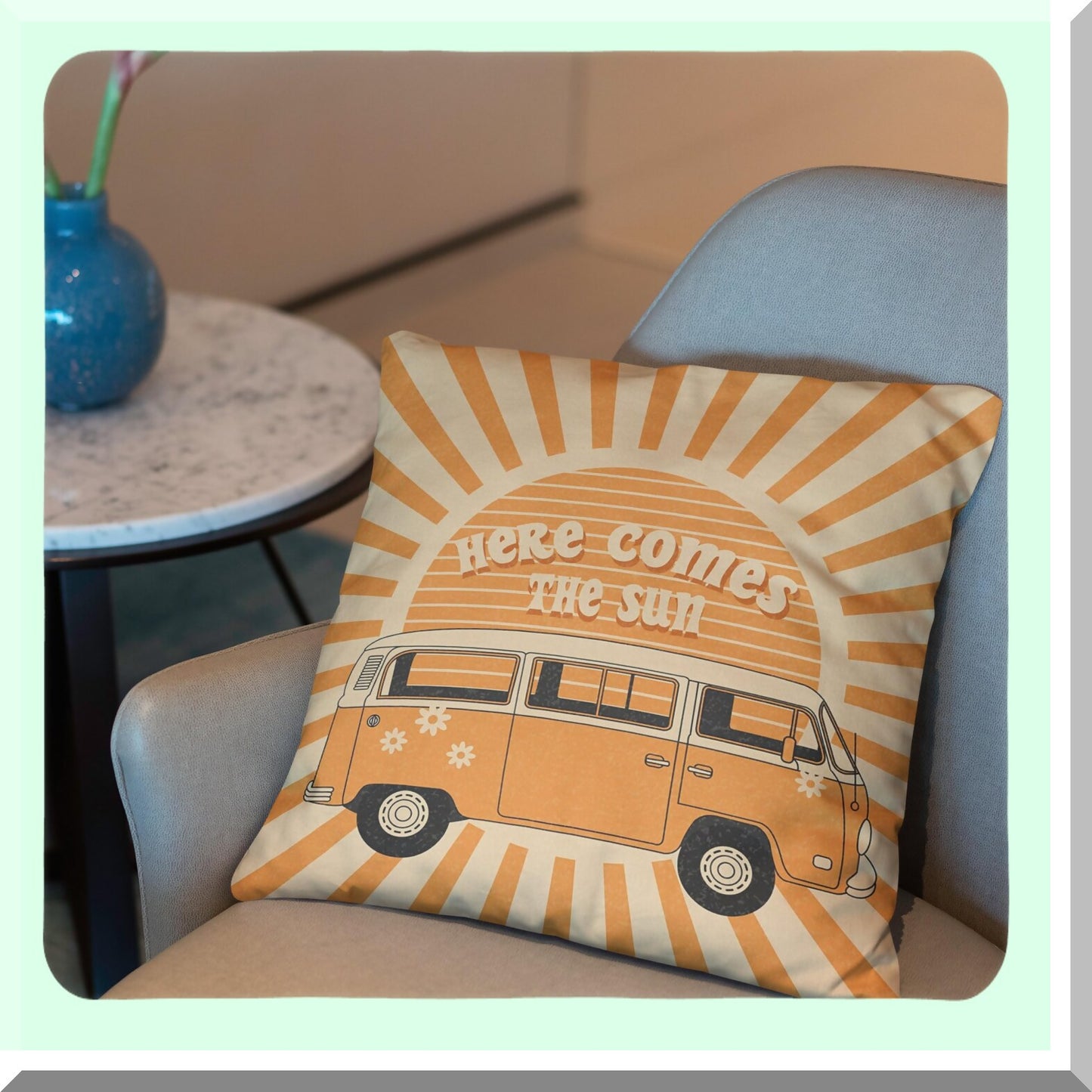 Boho Vintage Sunshine Reversible Throw Pillow Cover - Retro Hippie Orange Sun Floral Bus - Home Living Room Decor for Women Teen Girls - 18x18 inches Gift