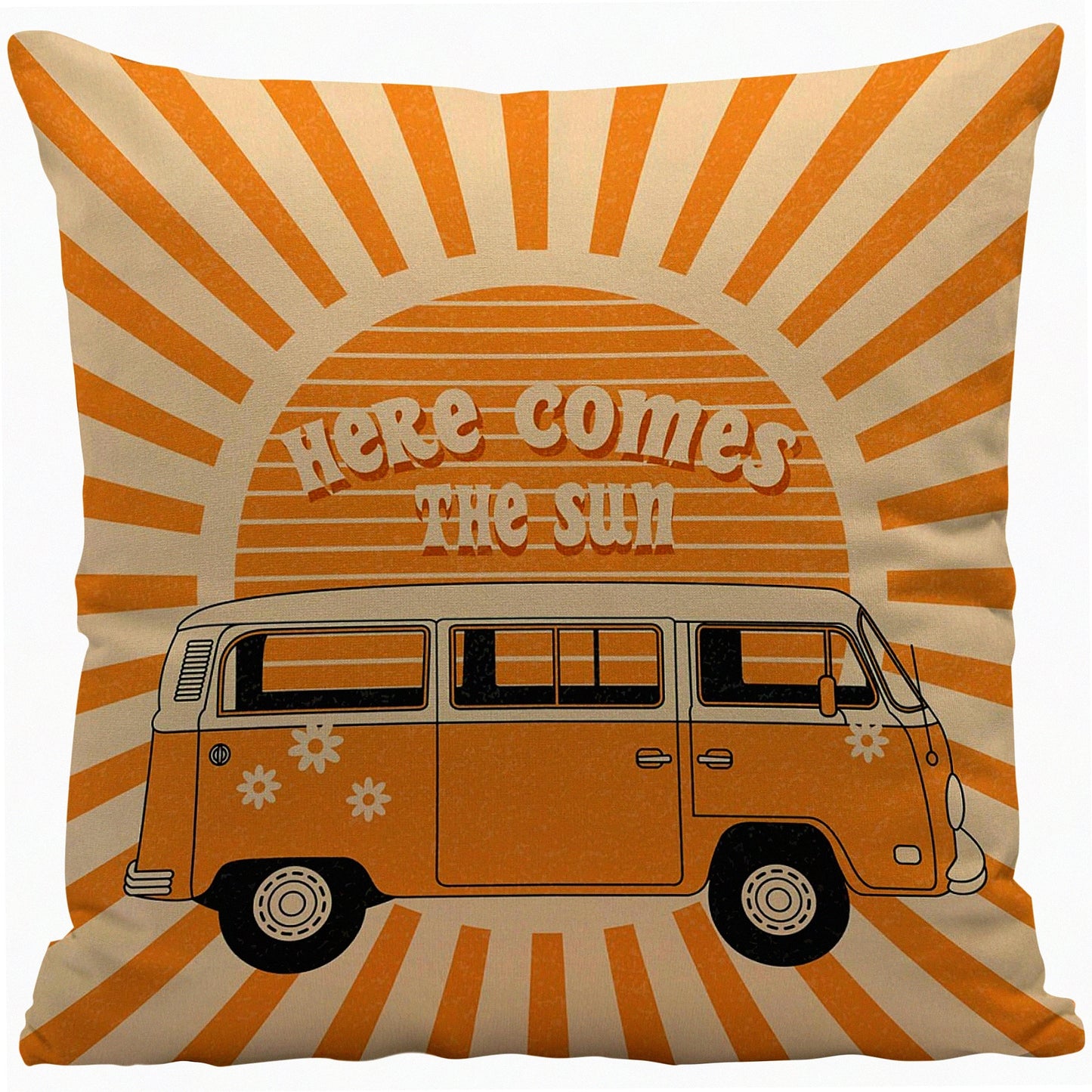 Boho Vintage Sunshine Reversible Throw Pillow Cover - Retro Hippie Orange Sun Floral Bus - Home Living Room Decor for Women Teen Girls - 18x18 inches Gift