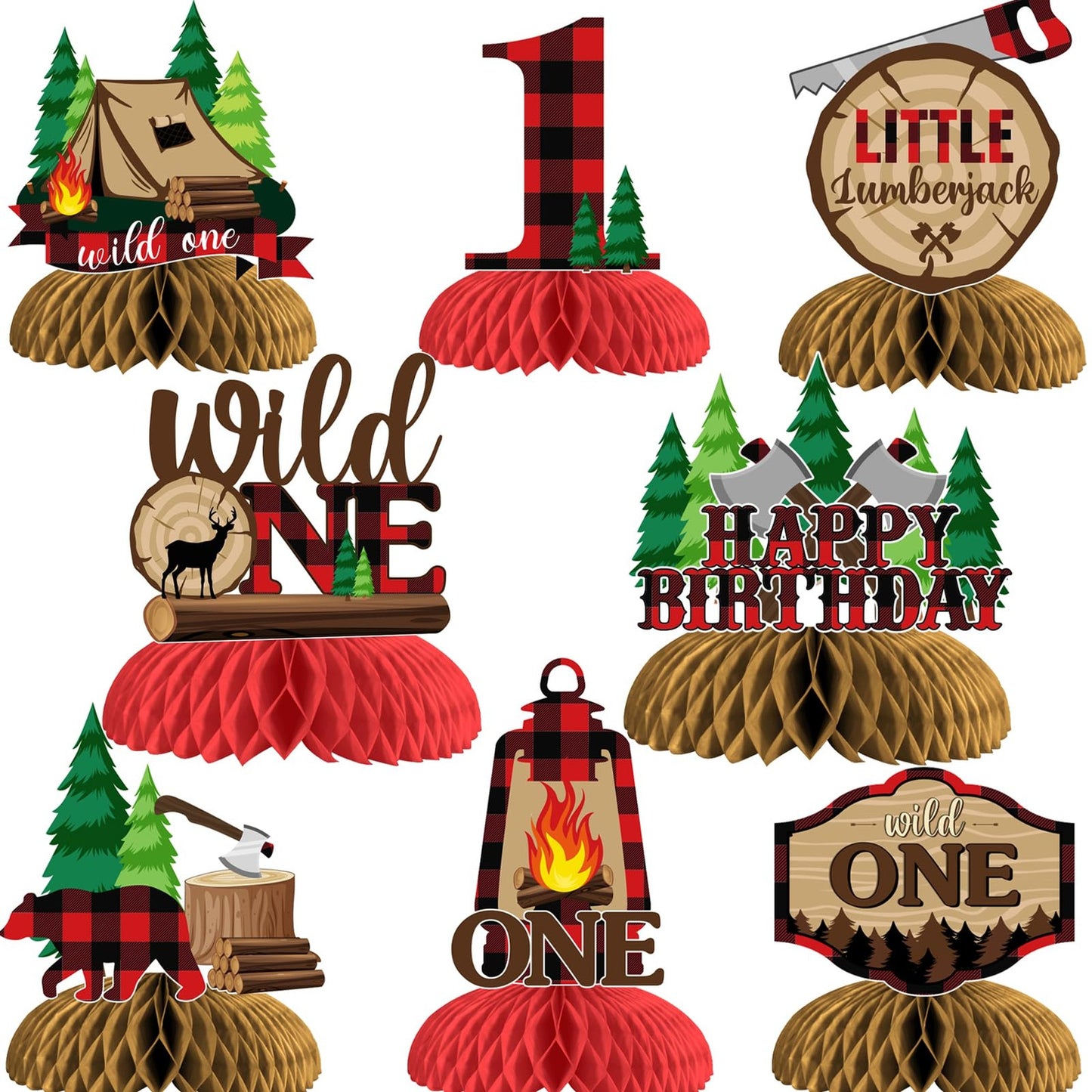 Adventure Bear Woodland Centerpieces - Set of 8 Wild One Lumberjack Honeycomb Decorations for Boys 1st Birthday Party - Plaid Hunting Camping Theme