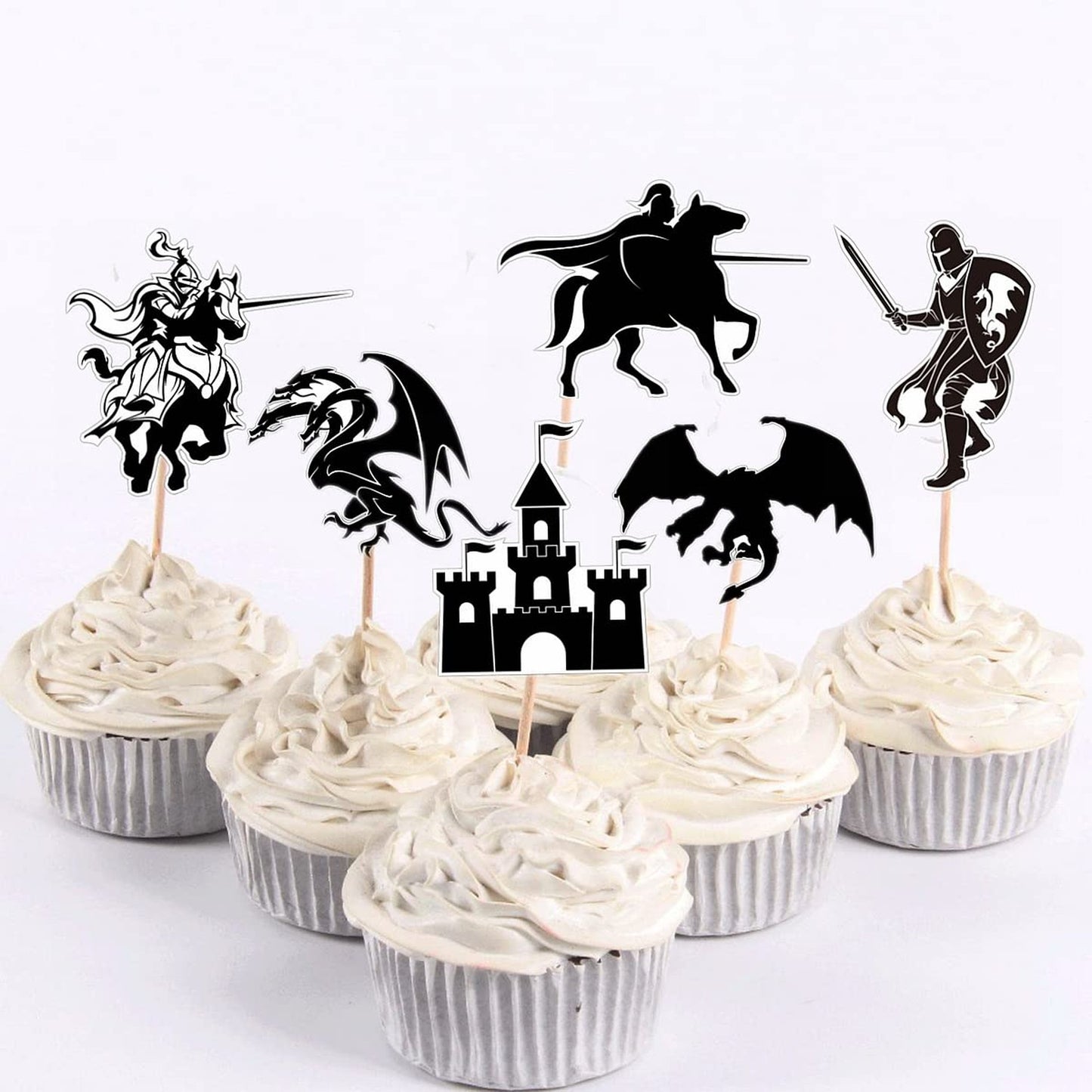 Dragon Knight Castle Cupcake Toppers - Set of 24 Flying Dragon Theme Picks for Medieval Fairy Tale Fantasy Birthday Party Decorations & Baby Shower Supplies