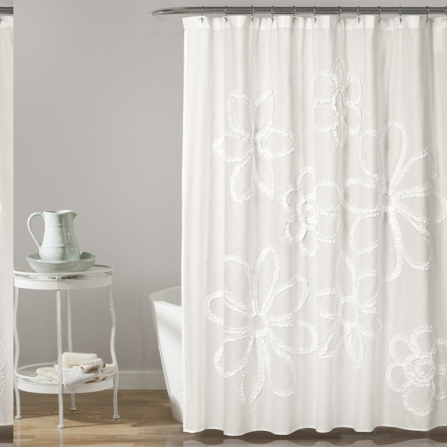 White Ruffle Flower Polyester Shower Curtain 72" x 72"