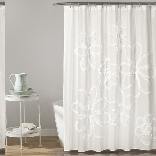 White Ruffle Flower Polyester Shower Curtain 72" x 72"